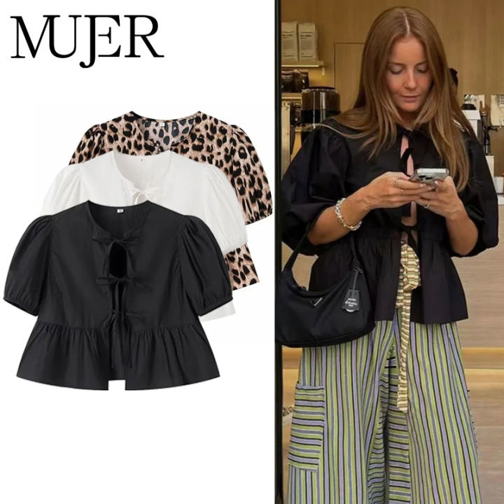 MUJER Ruffle Blouses Woman Puff Sleeve Shirts and Blouses for Women White Black Ruched Crop Top Female Ruched Women's Blouse