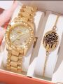 2pcs Women's Fashion Versatile Diamond Steel Band Watch and Breslate. 