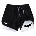 Men's Bat Print 2-in-1 Performance Shorts, Breathable Quick Drying Sports Shorts with Phone Pocket, Gym, Training, Running,.