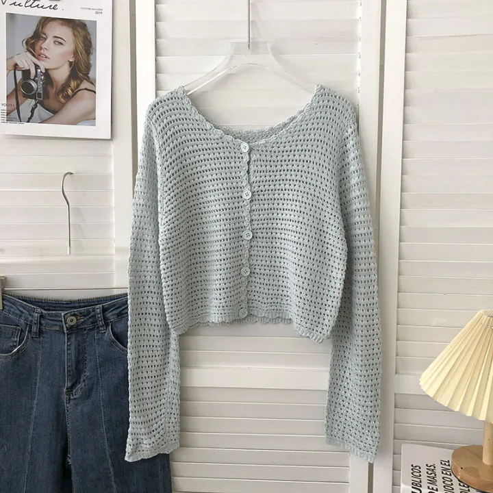 Crochet%20Cardigan%20for%20Women%20Sheer%20Openwork%20Knit%20Long%20Sleeve%20Button%20Up%20Crop%20Top%20Teen-girl%20Shrug%20Cardigan%20Autumn%20Spring%20Y2K%20Outfit%20-%20Image%202
