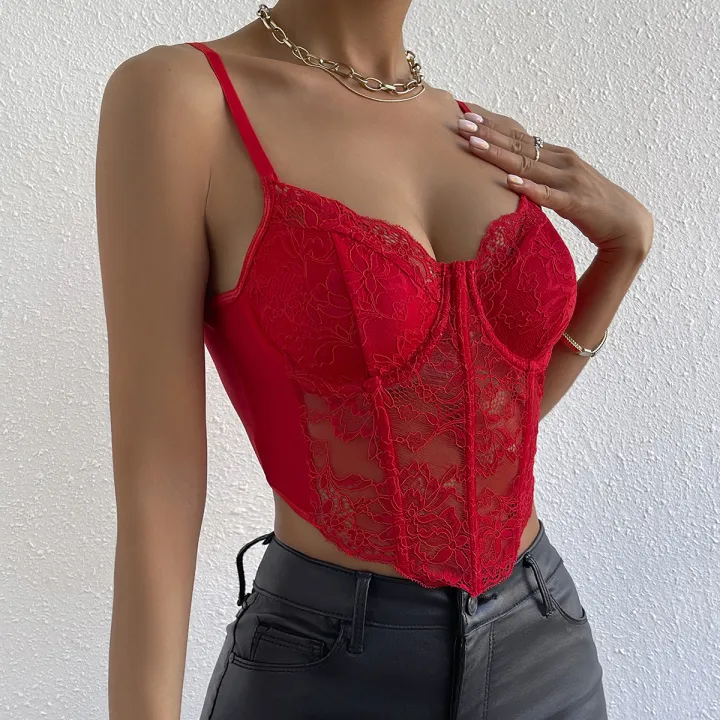 French%20%20Lace%20Underwire%20Rhomboid%20Fishbone%20Crop%20Top%20Backless%20Hottie%20Perspective%20Corset%20Red%20V-neck%20Elegant%20and%20Temperament%20Vest%20-%20Image%202
