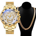 2Pcs/set Men's Watch Fashion Big Dial Male Business Dress Quartz Wrist Watch with Necklace.