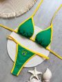 RUOTONSEPT  Embroidery Brasil Flag Contrast Split Bikini Set Women Swimwear Patchwork Swimsuit Hottie Outfit SummerBeachwear. 