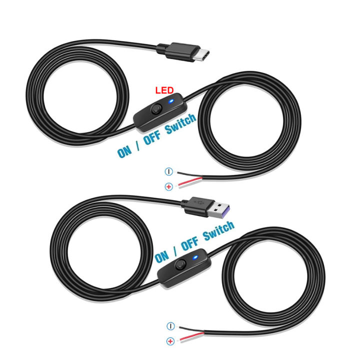 2M DC 2-pin USB Cable with ON/Off Switch Type C to 2 Pin 2 Bare Wire ...