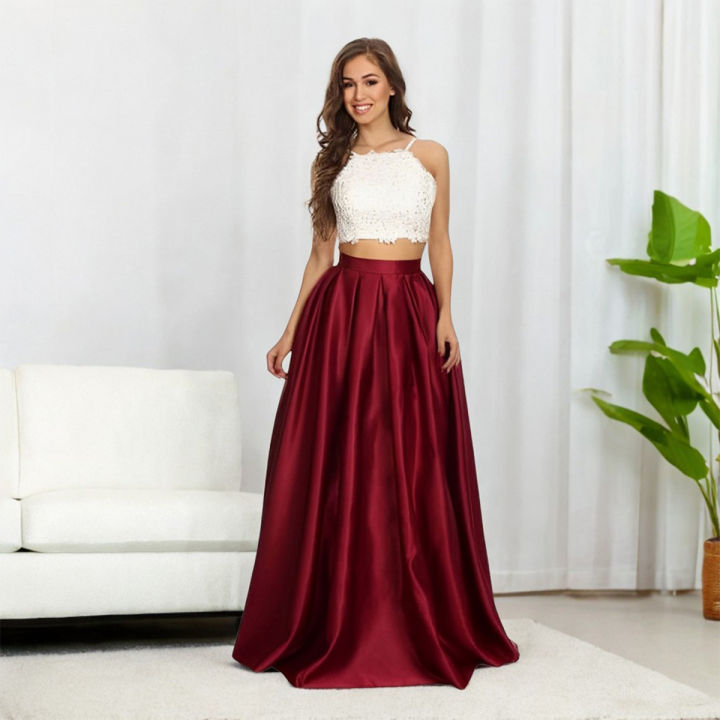 Storeify Box Pleats Korean Satin Silk Maxi Skirt for Women with Inner Cancan, Flared Long Skirt, Waist Sizes 26-40