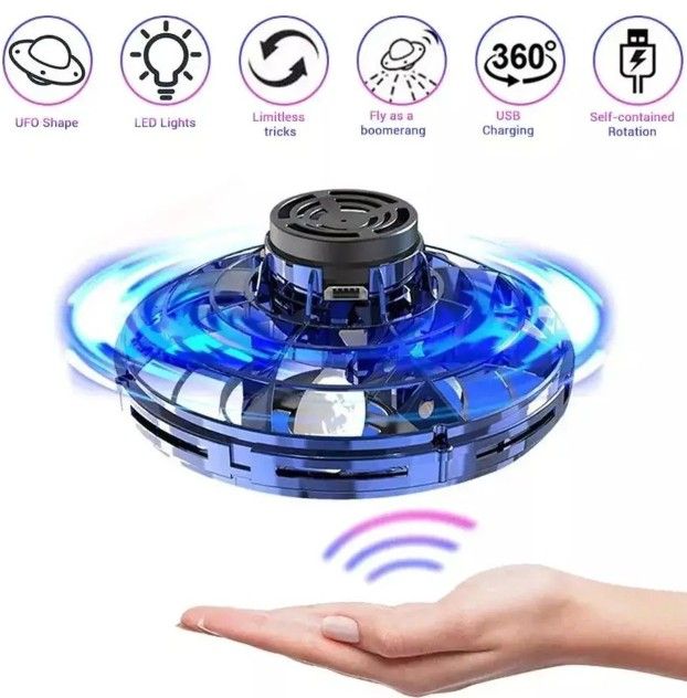 FLYNOVA Mini Drone UFO – Jouet Volant à LED – 360° – Boomerang – Pour Enfants Et Adultes – Bleu