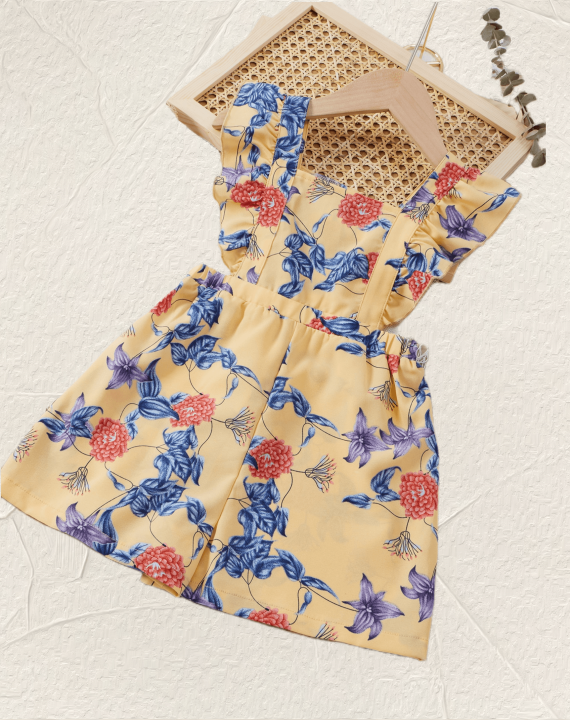 Summer girls conservative commute less sook flower print lace camisole yellow square collar pleated elastic romper