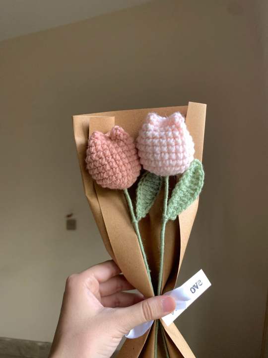 Handmade crochet tulips with complementary khaaki wrapping and custom stamped note