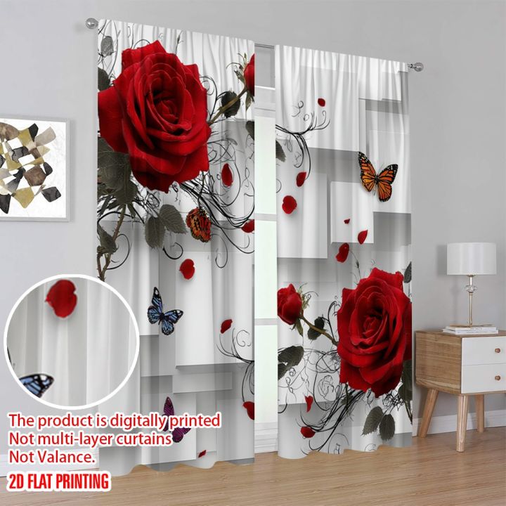 2pcs%202D%20flat%20printing%20Window%20Curtains%20Red%20Rose%20Butterfly%20Cubes%20Digital%20Printed%20Polyester%20Drapes%20Holiday%20Decorations%20Use%20for%20-%20Image%204