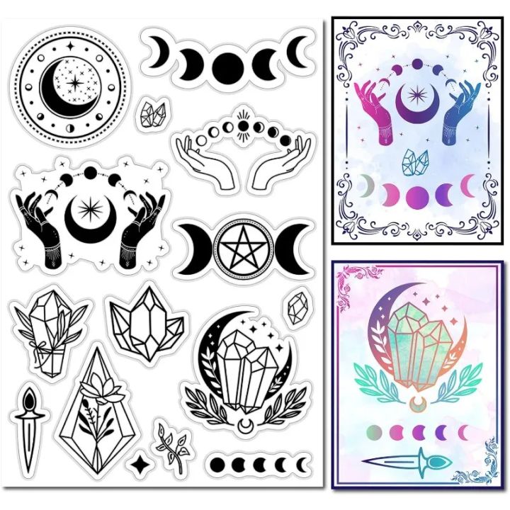 1pc Moon Phase Crystal Rubber Stamp Magic Hands Star Vintage Clear Transparent Silicone Seals Stamp for Journaling Card Making