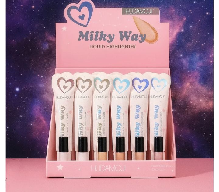 "Milky Way Liquid Highlighter - 6 Shades Glow Collection with Heart Designs in Pink Cosmic Display"