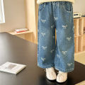 Girls Print Bow Jeans New Autumn Spring Children Loose Fashion Pants Kids Baggy Straights Baby Print Wide Leg Trousers 1-6 Years. 