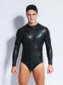 Long Sleeve Shiny PU Leather Bodysuit Zipper Hot Shapers Men Body Tops Shirts One Piece Gothic Tights Clubwear Tshirt Leotard.