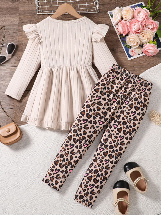 Spring%20Autumn%20Girls%20Cute%20Fashion%20Casual%20Clothing%20Apricot%20Knitted%20Ruffle%20Long%20Sleeve%20Top+Cartoon%20Full%20Print%20Elastic%20Waist%20Casual%20Pants%20Set%20-%20Image%202