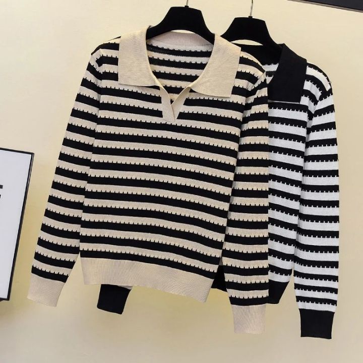 Women Sweater Polo Collar Stripe Office Casual Long sleeve Top