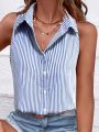 Plus Size 2025 Casual Women Blue Striped Sleeveless Shirt Oversize Breathable Female Clothing Office Lady Summer Top.