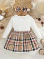 Baby girl's new fashionable plaid patchwork groove lace design bow dress and headband. 