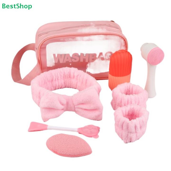 ♥Pink Skincare Grooming Kit | Wash Bag Set with Headband, Scrunchies, Facial Brush & Sponge
