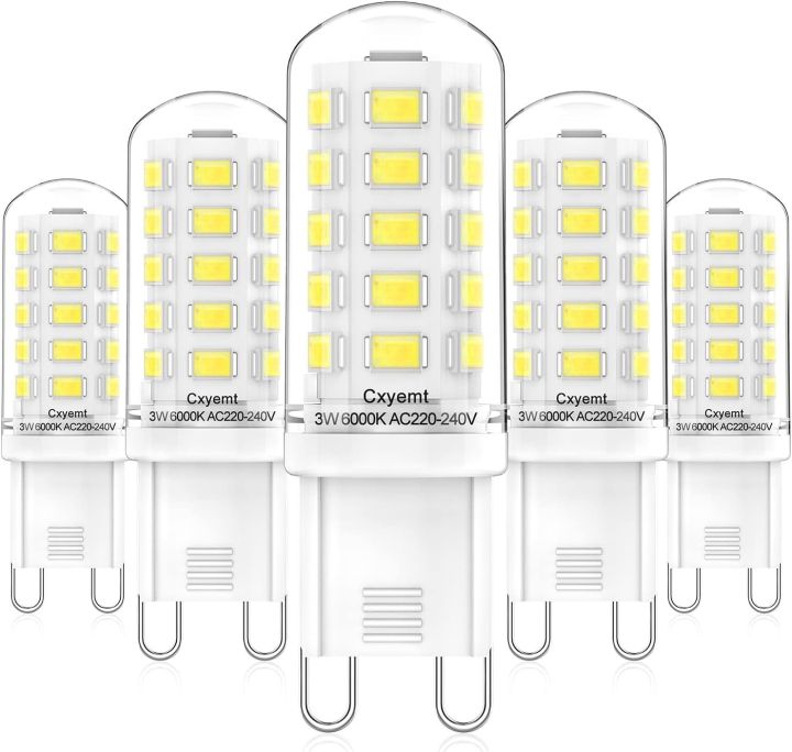 Cxyemt G9 LED Bulbs 3 W Replaces 28 W 33 W 40 W Halogen Bulbs, 6000 K Cool White G9 LED Energy Saving Light Bulb, AC 220-240 V, Not Dimmable, No Flickering Bulb, Pack of 5