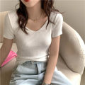 Basic V-neck Solid Thin Summer Pullover Women Female Knitted Ribbed Sweater Slim Short Sleeve Bodycon Sweater. 