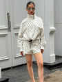 HH Elegant Women's Polka Dot Jackets Shorts Sets 2025 Stand Collar Drawstring Jacket+High Waist Shorts Lady Street Outfits.