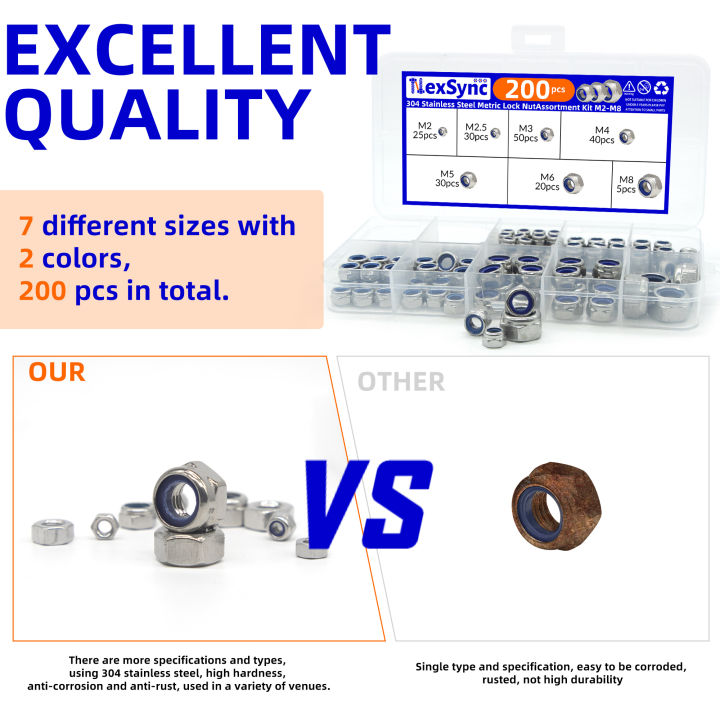 200pcs%20DIN985%20Hex%20Nylon%20Insert%20Self%20Lock%20Nut%20Nylock%20Locknut%20Assortment%20Kit%20Set%20M2%20M2.5%20M3%20M4%20M5%20M6%20M8%20304%20A2-70%20Stainless%20Steel%20-%20Image%205
