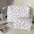 Wholesale Cherry Tote Women Makeup Bag Portable Cute Ladies Cosmetic Toiletry Storage Pouch Handbag Cotton Quilted Zipper Bag. 