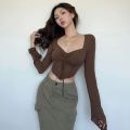 Sexy Vintage Crop Tshirts Long Sleeve Slim T Shirt 2024 Autumn New Korean Style Chic Sweet Y2K Aesthetic Streetwear Female Tee. 