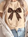 90s Bow Print Crew Neck T-Shirt Casual Short Sleeve T-Shirt For Spring Summer Women's Clothing.