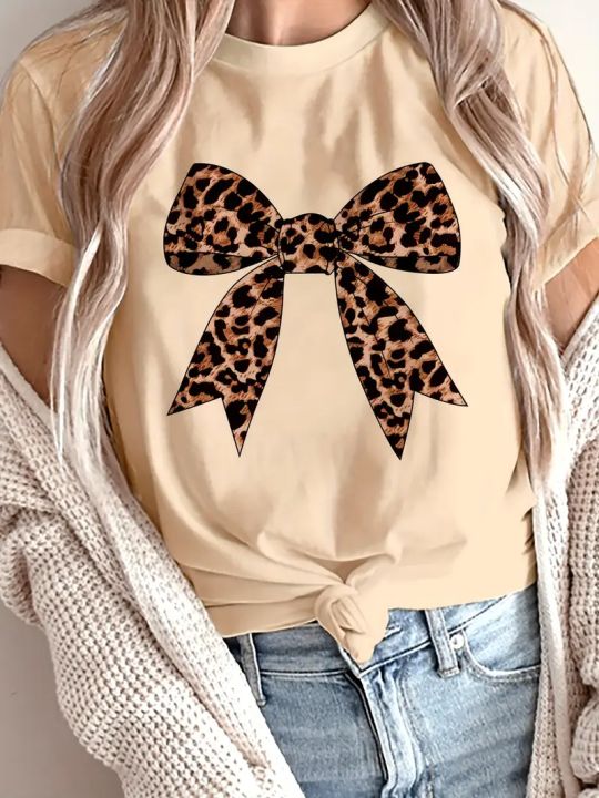 90s Bow Print Crew Neck T-Shirt Casual Short Sleeve T-Shirt For Spring Summer Women's Clothing