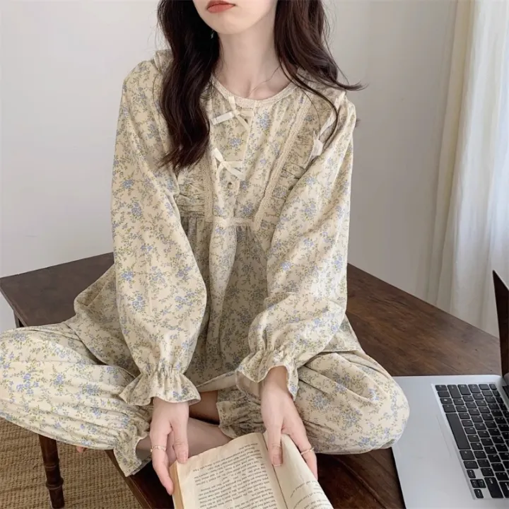 Women%20Plus%20Size%20Pajamas%20Garden%20Style%20Student%20Homewear%20Two-Piece%20Korean%20Version%20of%20the%20Bow%20Can%20Be%20Worn%20Outside%20Long-Sleeved%20women%20-%20Image%202