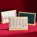 Fashion Bamboo Wood Square Necklace Display Stand, Premium Bamboo Material with Velvet & Leather Surface, Scratch-Protection Jew. 