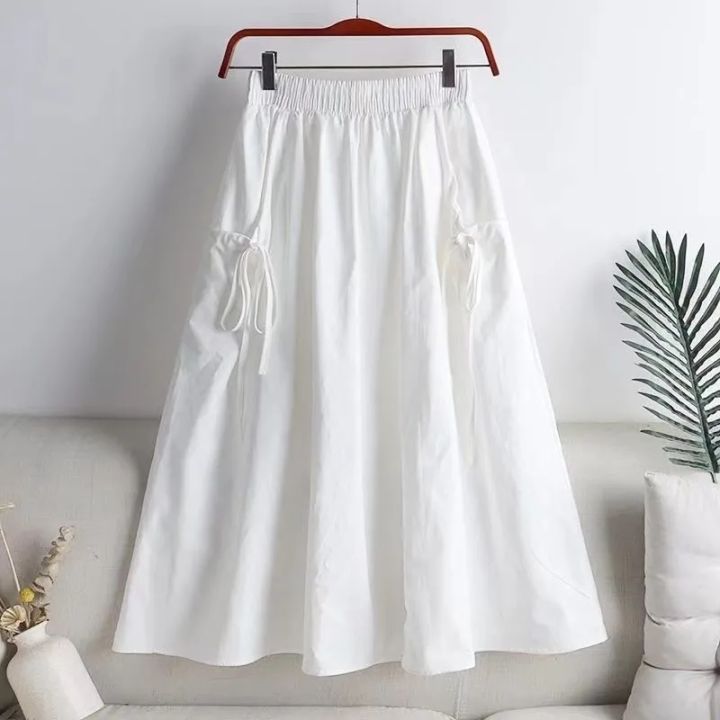 Khaki%20Solid%20Casual%20Elastic%20High%20Waist%20A-line%20Lace%20Up%20Women's%20Skirt%20Korean%20Fashion%20Mid-Calf%20Long%20Skirts%20For%20Women%202024%20Spring%20-%20Image%203
