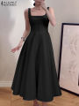 ZANZEA Women Sleeveless Tank Dress Vintage Solid A-line Dresses 2024 Summer Holiday Waisted Robe Casual Square Collar Midi Robe. 