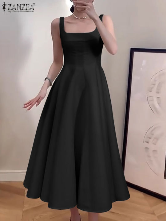 ZANZEA%20Women%20Sleeveless%20Tank%20Dress%20Vintage%20Solid%20A-line%20Dresses%202024%20Summer%20Holiday%20Waisted%20Robe%20Casual%20Square%20Collar%20Midi%20Robe%20-%20Image%202