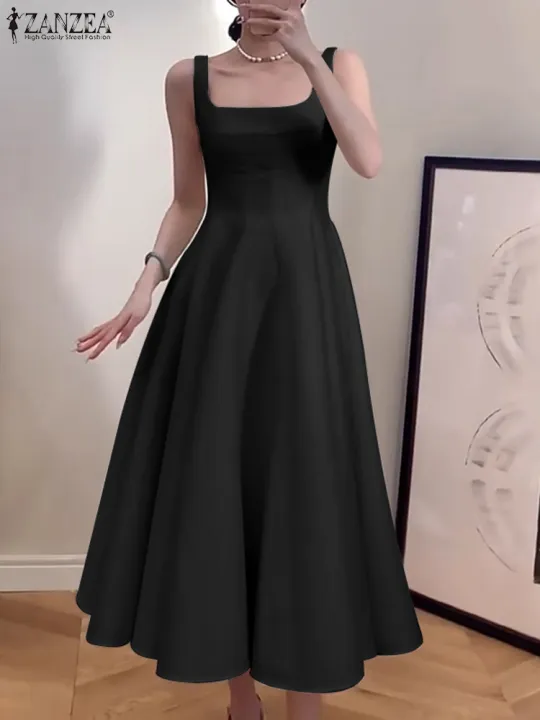 ZANZEA%20Women%20Sleeveless%20Tank%20Dress%20Vintage%20Solid%20A-line%20Dresses%202024%20Summer%20Holiday%20Waisted%20Robe%20Casual%20Square%20Collar%20Midi%20Robe%20-%20Image%202