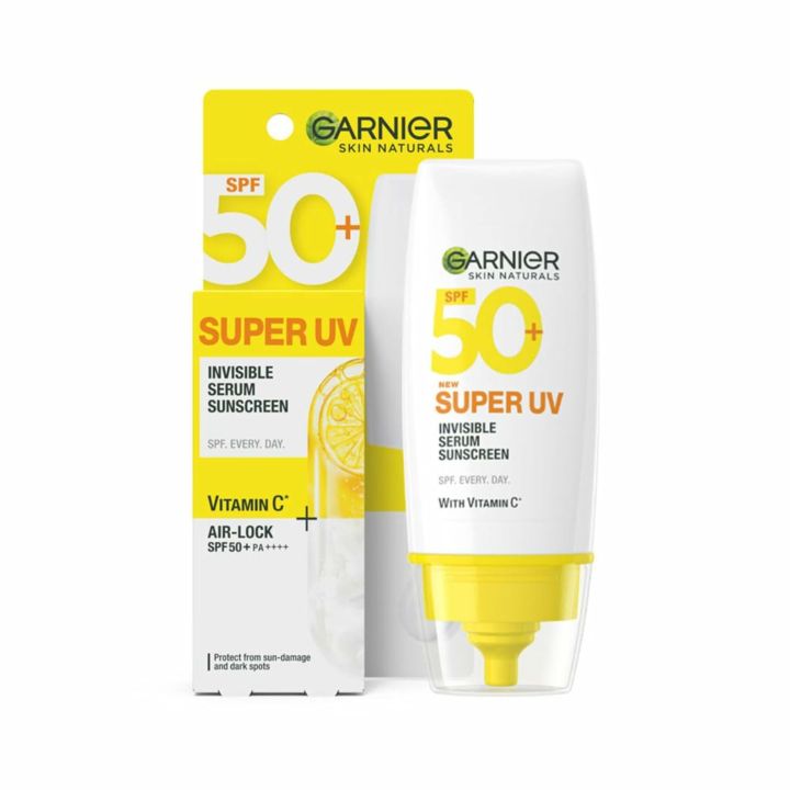 Garnier Super UV Invisible Serum Sunscreen SPF 50 PA++++ for UVA/B Broad Spectrum | Lightweight with Vitamin C | No White Cast | For All Skin Types (Oily, Dry, Acne-Prone) |