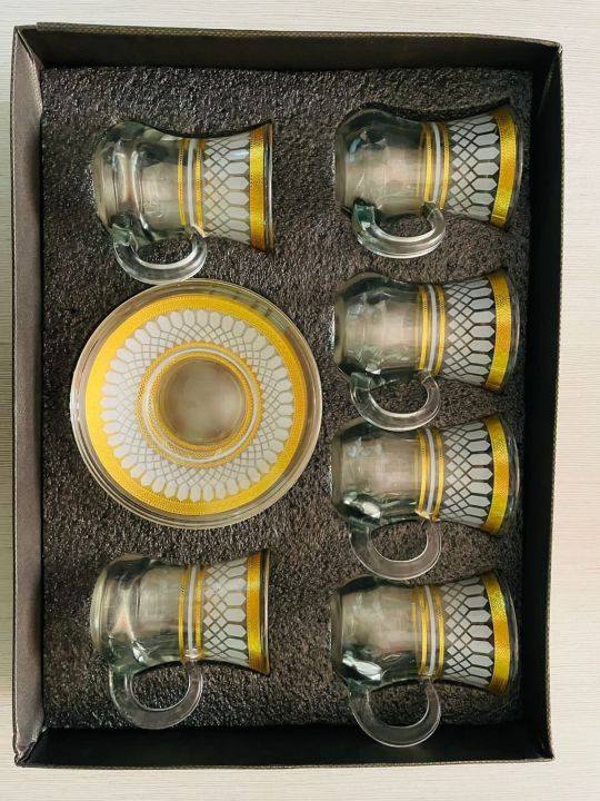 6 PC Stunning Crystal Turkish Tea Set -6 Porcelain Cups, 6 Saucers, 6
