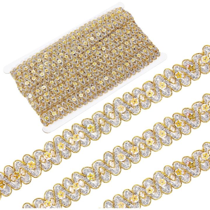 14.2Yds Gold Lace Fabric Sewing Embroidery Sequin Ribbon 3/4" Waved Paillette Lace for Sewing Christmas Dress Clothing Crafts