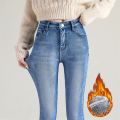 Winter Lady Thermal Plush Jeans Snow Warm Stretch Jeans Hot Sale High Waist Fleece Pants Female Straight Leg Denim Trousers. 