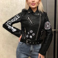 Fitaylor Autumn Winter Women Graffiti Print Faux Leather Jacket Lady Moto Bike PU Leather Coat Casual Rivet Jacket with Belt.