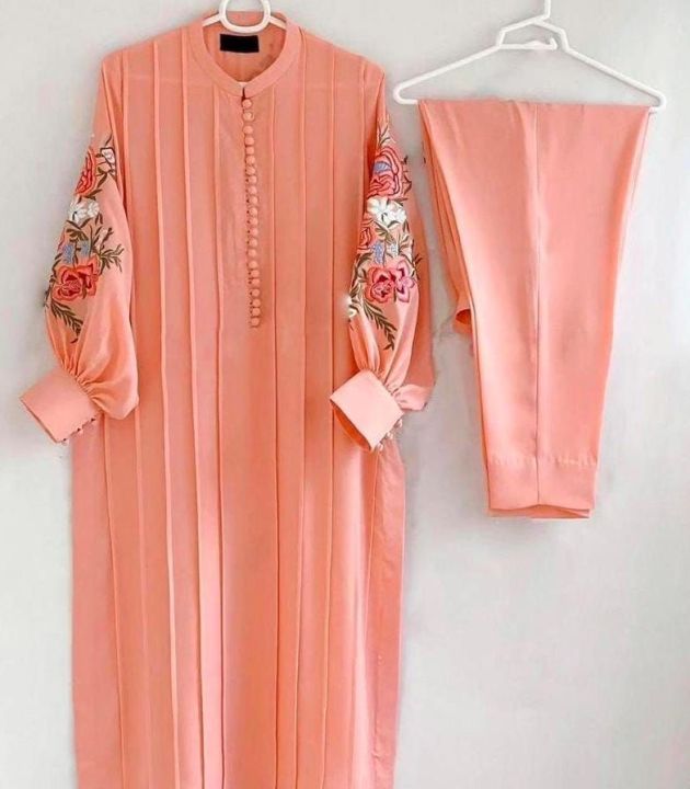 Stitched two Piece Linen bazo embroidery stitched dress for girls