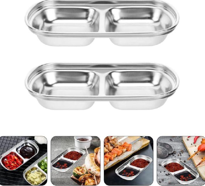 Diffing Tray 2 Grids Stainless Steel Sauce Dish Spice Plates Gravy Boats Appetizer ...