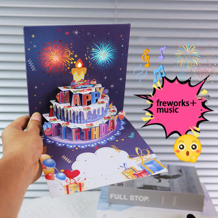 1pcHappy Birthday Card Fireworks 3D Pop Up Cake Light and Music Happy ...
