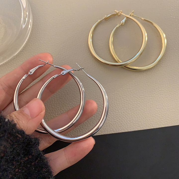 New Big Circle Hoop Earrings for Women Trendy Exaggerated Silver Gold Color Metal Geometric Smooth Round Earring Jewelry