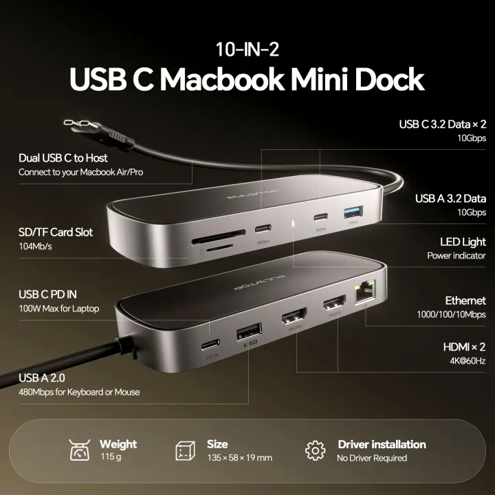 PULWTOP%20MacBook%20Pro%20Docking%20Station%20Dual%20Monitor%204K@60Hz%20with%202HDMI,PD,Ethernet,USB%20A/C%2010Gbps,SD/TF,%20USB%202.0%20-%20Image%202