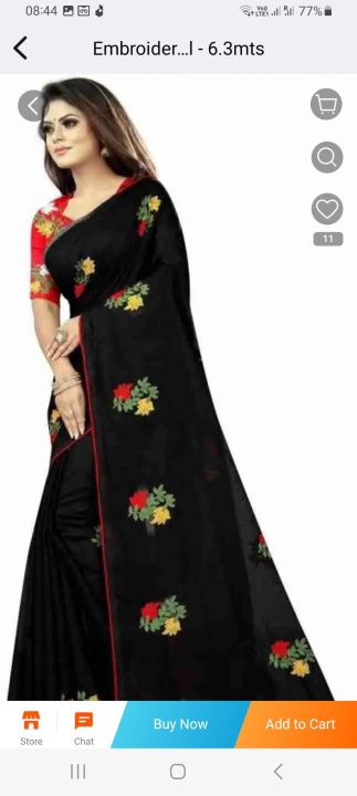 Embroidered Chanderi Cotton Saree (Black) with Blouse material