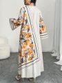 Plus Size Fashionable Women's Middle East Robe Dress Ethnic Print Loose Comfortable Vacation Style Long Sleeve V-Neck Gown. 