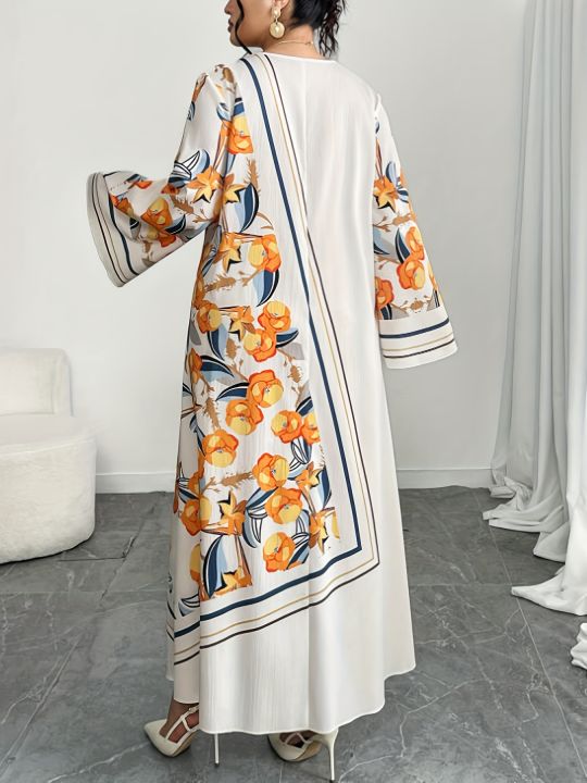 Plus%20Size%20Fashionable%20Women's%20Middle%20East%20Robe%20Dress%20Ethnic%20Print%20Loose%20Comfortable%20Vacation%20Style%20Long%20Sleeve%20V-Neck%20Gown%20-%20Image%202
