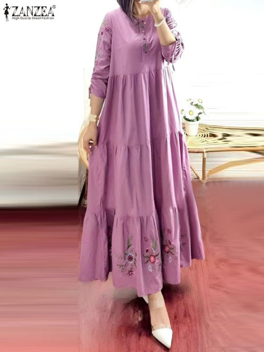 ZANZEA%20Elegant%20Floral%20Printed%20Muslim%20Dress%20Female%20Fashion%20Abaya%20Kaftan%20Sundress%20Woman%20Casual%20Ruffles%20Hem%20Maxi%20Robe%20Oversized%20-%20Image%202